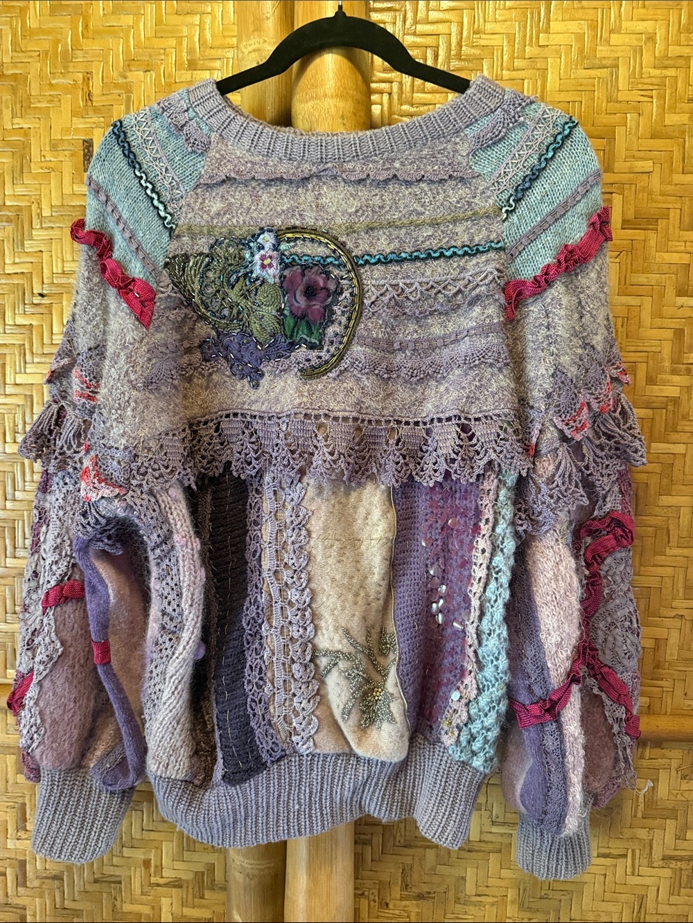 Vintage Cache handmade Lavender Boho Embellished beaded crochet Crewneck Sweater